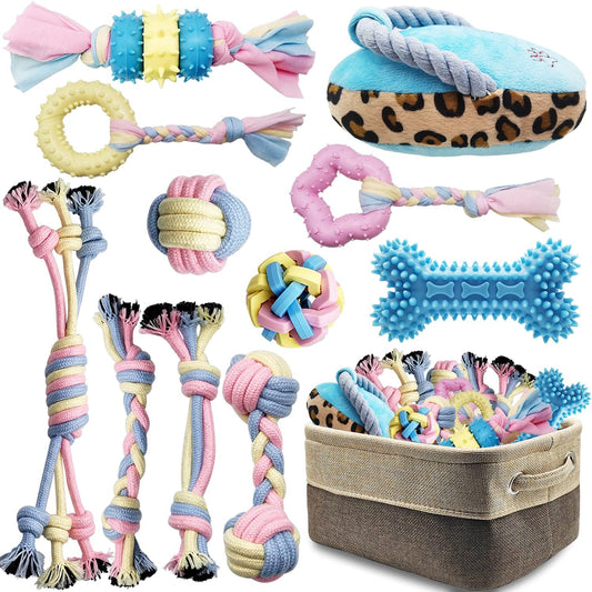 Puppy Toys Interactive Dog Toys Dog Chew Toy Puppy Teething Chew Toys Puppy Supplies Small Dog Toys Rope Balls Dental Teeth Cleaning Toothbrush Squeaky Puzzle Tug Pet Stuff and Toys Storage Basket