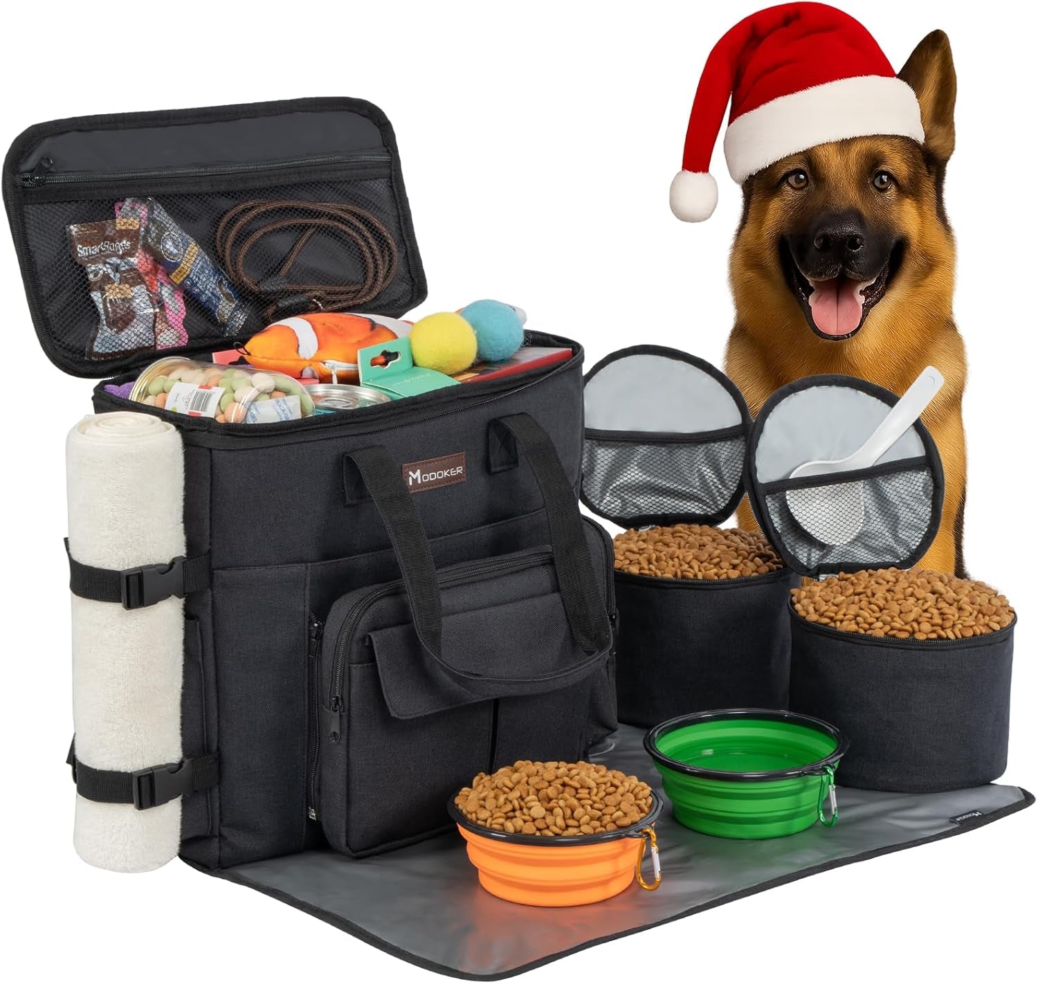 Dog Travel Bag with 2 Collapsible Dog Bowls, 1 Dog Backpack, Airline Approved Pet Travel Bag Organizer for Supplies & Accessories, 2 Travel Dog Food Container, Black