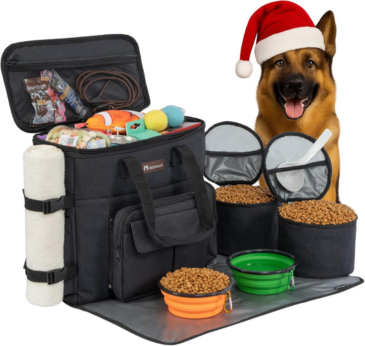 Dog Travel Bag with 2 Collapsible Dog Bowls, 1 Dog Backpack, Airline Approved Pet Travel Bag Organizer for Supplies & Accessories, 2 Travel Dog Food Container, Black